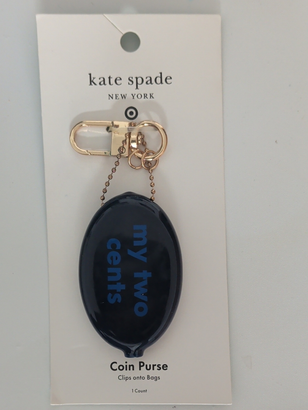 kate spade navy oval "my two cents" coin purse keychain with gold hardware NWT